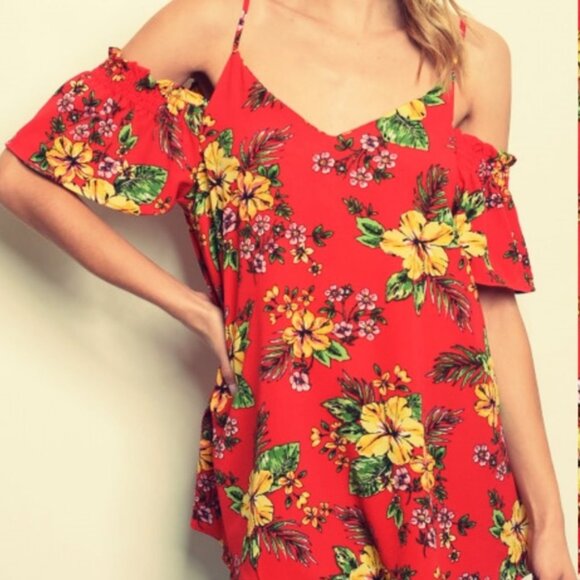 MARIE Red Floral Print Cold Shoulder Top - Picture 3 of 4